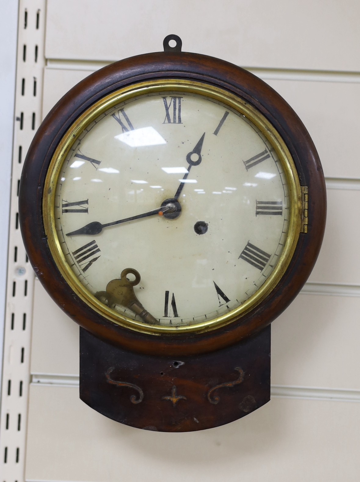 A small Victorian mahogany fusee wall clock, with key, height 29cm